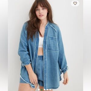 NWOT! Aerie Gauze Cover Up Shirt with Frayed Edges in baby blue